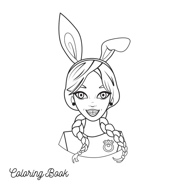 Omalovánky s karikatura dívka s uši zajíček a copánky — Stockový vektor
