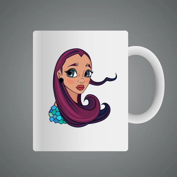 紫の髪の少女漫画のイラストとデザインのカップ、 — ストックベクタ