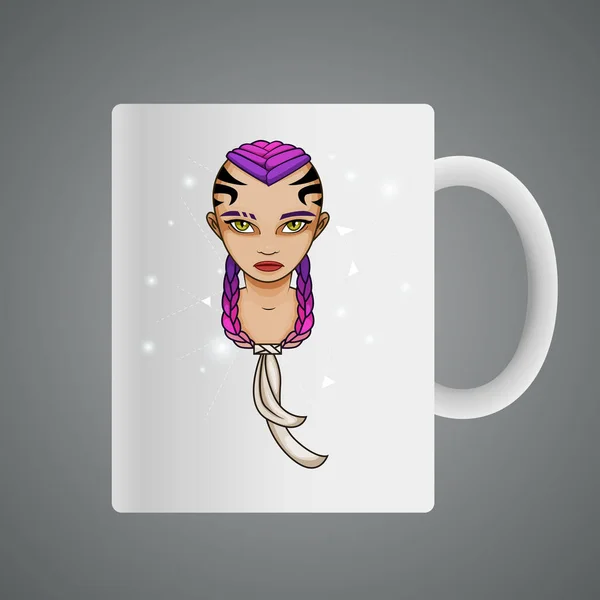 Conception de tasse avec Illustration de fille de dessin animé avec tatouage sur la tête — Image vectorielle