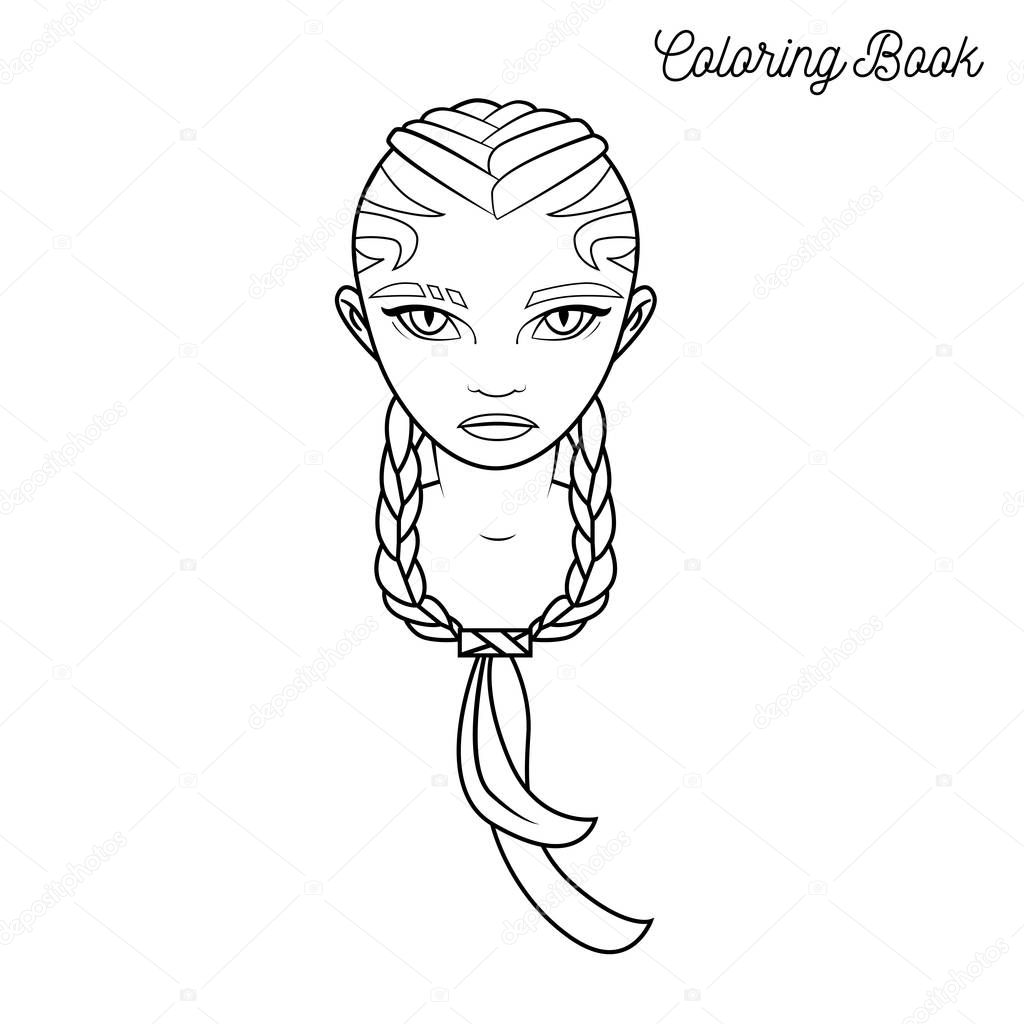 Coloring book with cartoon girl with braided hair and cat eyes
