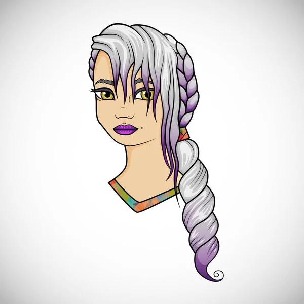 Ilustrace kreslené dívky s bílo -fialové vlasy — Stockový vektor