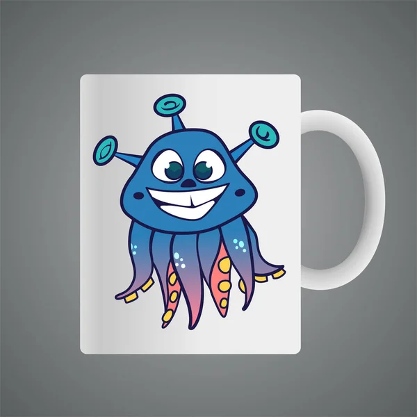Conception de tasse avec bande dessinée de fantaisie créature souriante mignonne avec oc — Image vectorielle
