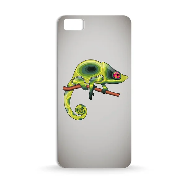 Conception de cas de téléphone portable avec caméléon coloré assis sur son — Image vectorielle