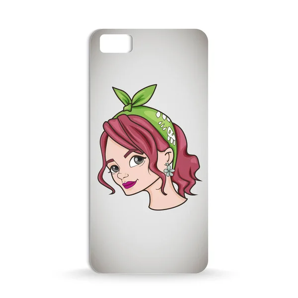 赤いかわいい女の子の漫画の頭と携帯電話ケースのデザイン — ストックベクタ