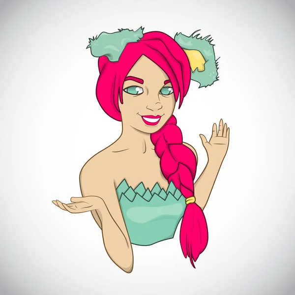 Kreslený usmívající se roztomilá dívka s směšné uši zelené, růžové vlasy wi — Stockový vektor