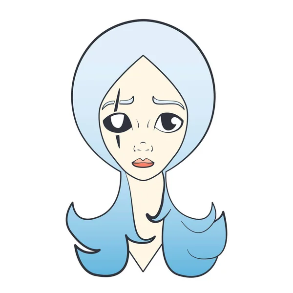 Cartoon of sad girl with scar and white eye and blue hair — Stockvector