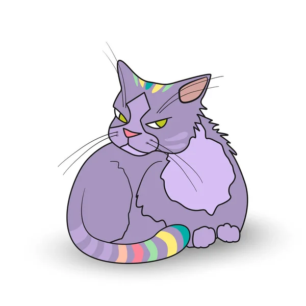 Dibujos animados de gato gruñón con rayas coloful en la cabeza y la cola — Vector de stock