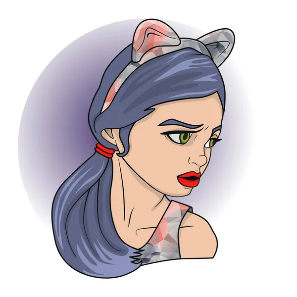 Desenhos animados de uma menina com rabo de cavalo e orelhas de gato coloridas — Vetor de Stock