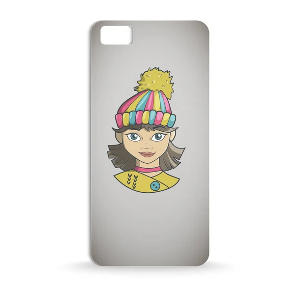 暖かい帽子でかわいい女の子の漫画と携帯電話ケースのデザイン — ストックベクタ