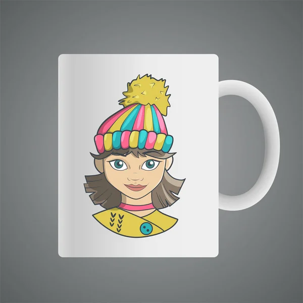 Conception de tasse avec bande dessinée de fille mignonne dans un chapeau chaud — Image vectorielle