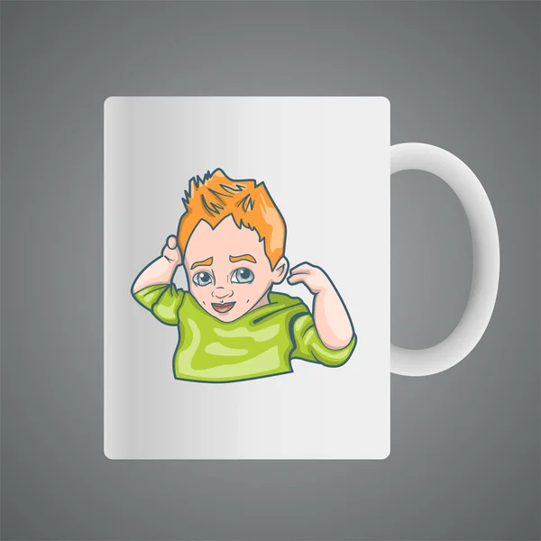 オレンジ髪のかわいい男の子の漫画とデザインのカップと — ストックベクタ