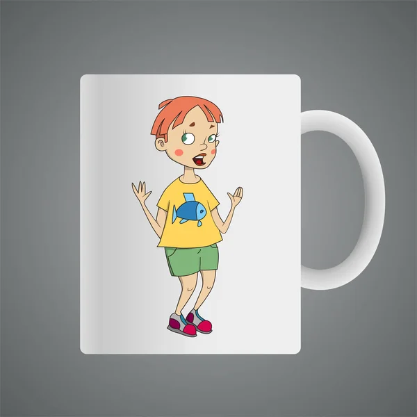 Diseño de copa con Dibujos animados de un niño mostrando algo con su mano — Vector de stock