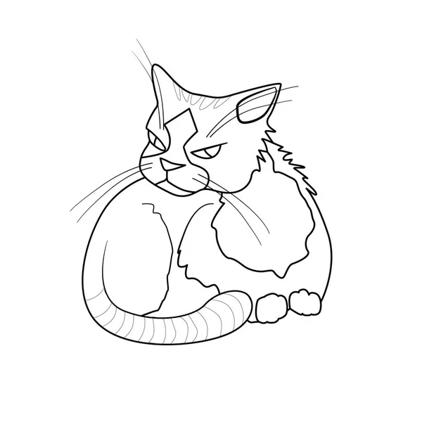 Libro para colorear con dibujos animados de gato gruñón con rayas en su hea — Vector de stock