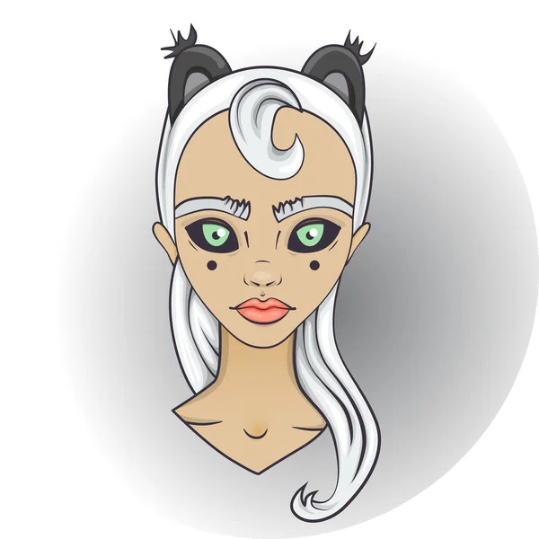Cartone animato di ragazza con occhi neri, capelli bianchi e orecchie di gatto Illustrazioni Stock Royalty Free
