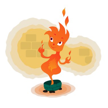 Bazı tuğla zemin üzerine, illüstrasyon düz modern tasarım ile yeşil tencerede fantastik yangın yaratık