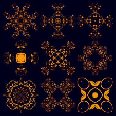 Tasarımınız için arka planda büyük bir altın süs seti. Yuvarlak süsler. Hazır ol. Vektör illüstrasyonu