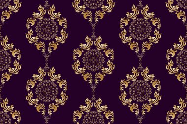 Koyu mor arka planda kusursuz altın süs. Tasarımınız için lüks çiçek süsü. Tekstil deseni. Duvar kağıdı deseni