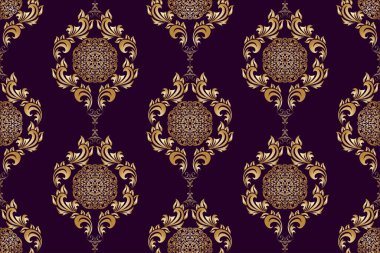 Koyu mor arka planda kusursuz altın süs. Tasarımınız için lüks çiçek süsü. Tekstil deseni. Duvar kağıdı deseni