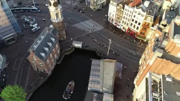 Flygfoto Över Berömda Platser Amsterdam Nederländerna Solnedgången Våren Eller Sommaren — Stockvideo