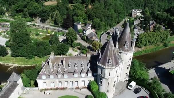 Aerial View Old Town Castle Durbuy Belgium Surrounded Mountains River — Stock Video