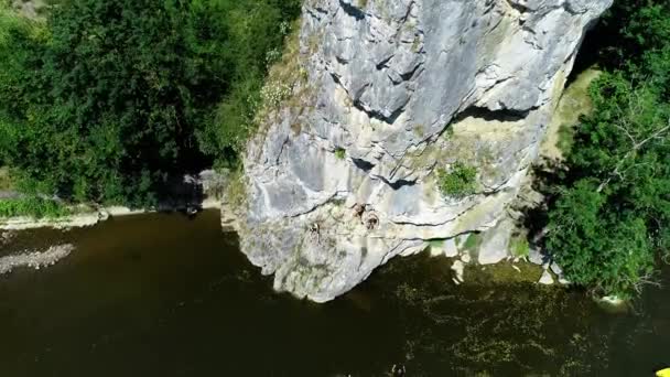 Vista Aérea Gente Saltando Agua Desde Roca Acantilado Grupo Kayakistas — Vídeos de Stock
