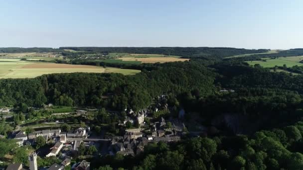 Aerial View Old Town Castle Durbuy Belgium Surrounded Mountains River — Stock Video