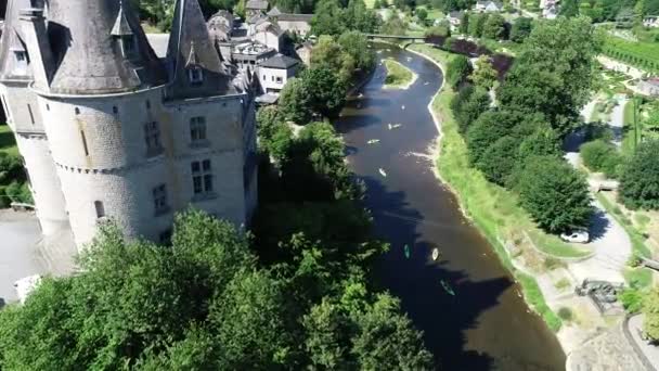 Letecký Pohled Staré Město Hrad Durbuy Belgie Obklopený Horami Řekami — Stock video