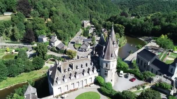 Aerial View Old Town Castle Durbuy Belgium Surrounded Mountains River — Stock Video