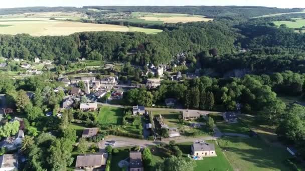 Aerial View Old Town Castle Durbuy Belgium Surrounded Mountains River — Stock Video