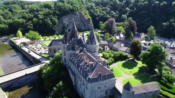 Aerial View Old Town Castle Durbuy Belgium Surrounded Mountains River — Stock Video