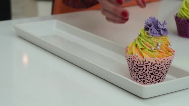 Cerca Mano Mujer Sostiene Delicioso Cupcake Fresco Decorado Con Una — Vídeos de Stock