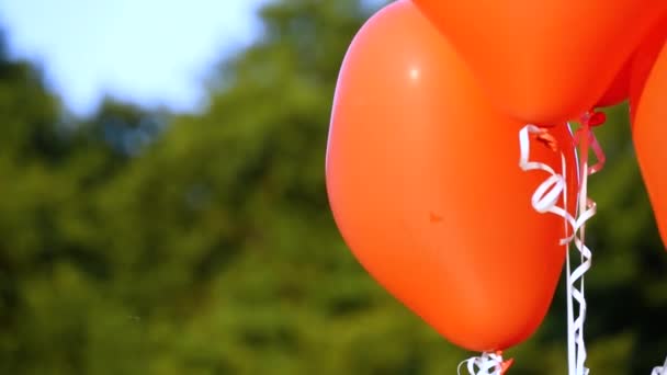 Dört Kırmızı Balonun Güneşli Görüntüleri Helyumu Doldurdu Beyaz Kurdelelerle Yeşil — Stok video