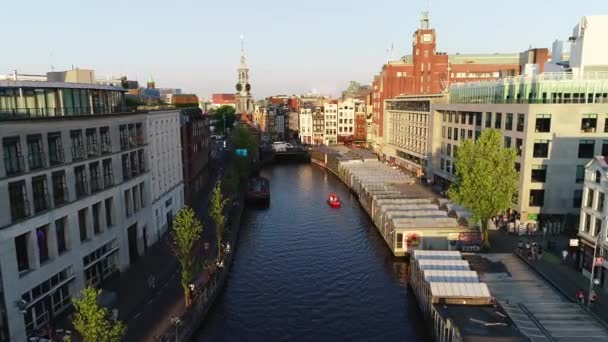 Letecký Pohled Slavná Místa Amsterdamu Nizozemsko Při Západu Slunce Jaře — Stock video