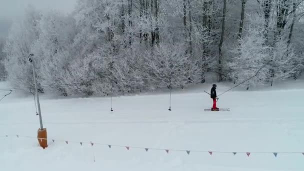 从空中俯瞰滑雪者骑上T形杠的景象 有许多游客的冬季滑雪胜地 一切都被白雪覆盖了 — 图库视频影像