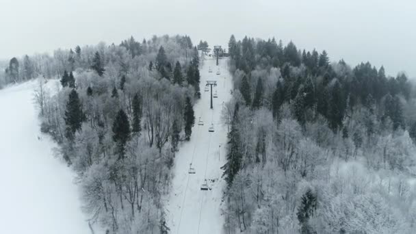 Vista Aérea Estância Esqui Teleférico Transportando Esquiadores Para Encosta Bonito — Vídeo de Stock