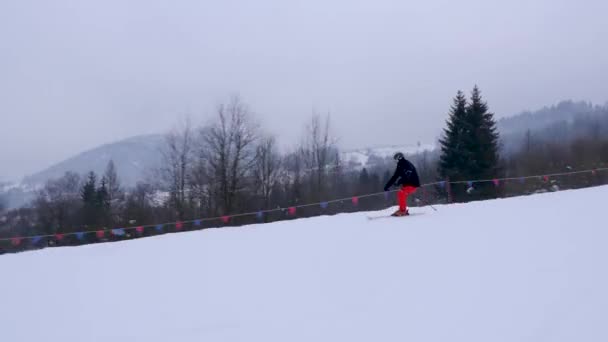 专业滑雪者沿着斜坡滑行 美丽的冬白风景 被雪覆盖的树木 滑雪者以经典的滑雪风格飞奔 — 图库视频影像