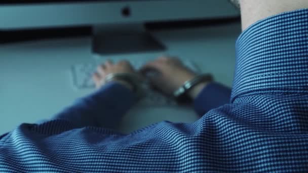 Man Business Shirt Wearing Handcuffs Typing Keyboard Concept Workaholic Prisoner — Stock Video