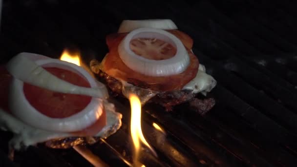 Burgers Rôtissant Sur Gril Deux Hamburgers Juteux Délicieux Rôtis Sur — Video