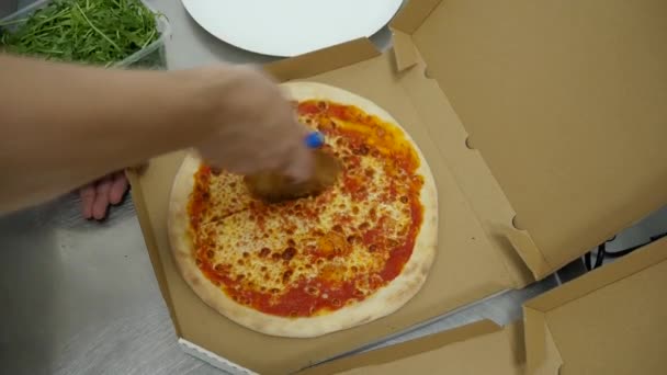 ピザを作る プロのキッチンで経験豊富なシェフがイタリアのピザを準備します トマトソースと生地をトッピングシェフ モッツァレラチーズと食材 — ストック動画