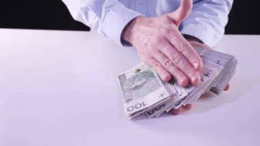 Bir sürü para konsepti. Gömlekli bir iş adamı Polonya parası yığını sunuyor. Konsept: Bankadan borç para, uzaktan çalışma, evden çalışma, krediler, krediler, para kazanmak, Polonya para birimi