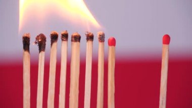 Evde kal, Coronavirüs salgınını önle. Polonya bayrağı arka planında kibrit yakma. Kavram: Yayılan salgın, domino etkisi, COVID-19, Wuhan virüsü, izole edilmiş kibritler, Polonya için dua et.