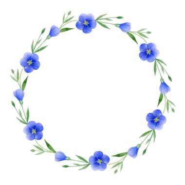 Mavi keten çiçeklerden oluşan yuvarlak bir çerçeve beyaz arka planda izole edilmiş. Suluboya, tarih dekoratif çelengini sakla. Metin için boş alanı olan el çizimi illüstrasyon