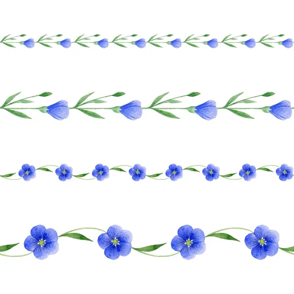 无缝边采集蓝色水彩花 独立于白色背景 乡村风格 手绘插图 婚宴请柬 纺织品设计的装饰元素 — 图库照片