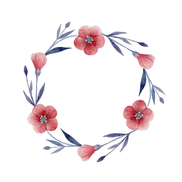 红色水彩花的花环隔离在白色的背景上 圆形花框 用于保存日期装饰 贺卡和邀请函 — 图库照片