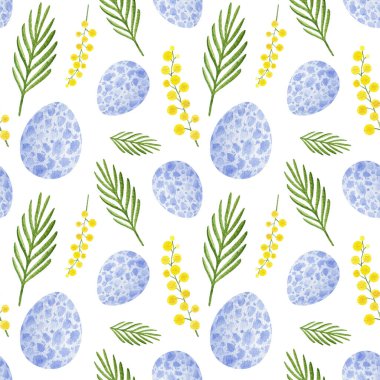 Paskalya 'nın kusursuz dokusu kutlu olsun. Mavi suluboya yumurta ve beyaz üzerine mimoza çiçeği. Kumaş için bahar dekoratif deseni, tekstil tasarımı, ambalaj kağıdı, tebrik kartları, duvar kağıdı. Klasik tatil motifi