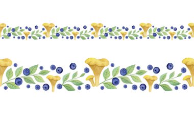 Beyaz arka planda izole edilmiş Chanterelle mantarları ve yaban mersini dalları. Vahşi orman bitkileri. Suluboya elementleri