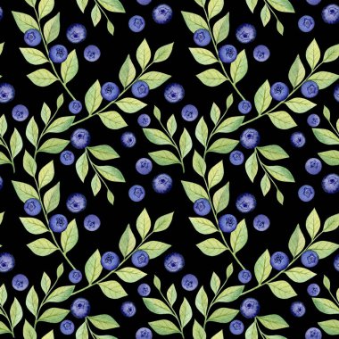 Siyah arka planda yabanmersini dalları. Renkli, pürüzsüz desen. Taze organik tatlı, yabani bitki, tatlı böğürtlen. Kumaş dokusu. Duvar kağıdı tasarımı. Elle çizilmiş ögeler