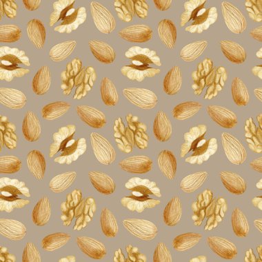 Bej arka planda kusursuz ceviz ve badem çekirdeği deseni. El yapımı elementler. Duvar kağıdı dokusu, kumaş ve tekstil tasarımı. Yiyecek ambalajı, ambalaj kağıdı. Çiğ vejetaryen malzemeleri.