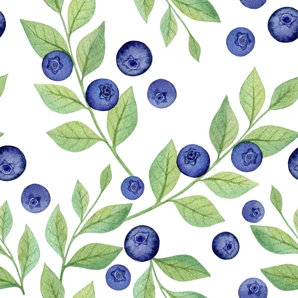 Seamless pattern of watercolor blueberries on white background. Wild plant, sweet dessert. Fresh summer texture for textile design, wallpaper and wrapping paper