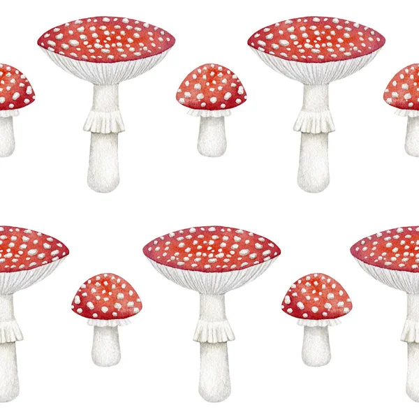 Red Mushrooms Isolated White Background Seamless Pattern Watercolor Amanita Toxic — Stock Photo, Image